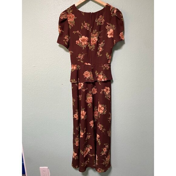 Vintage CDC Women's Brown and Pink Floral Flower Short Sleeve Dress Size 8 - Picture 2 of 9